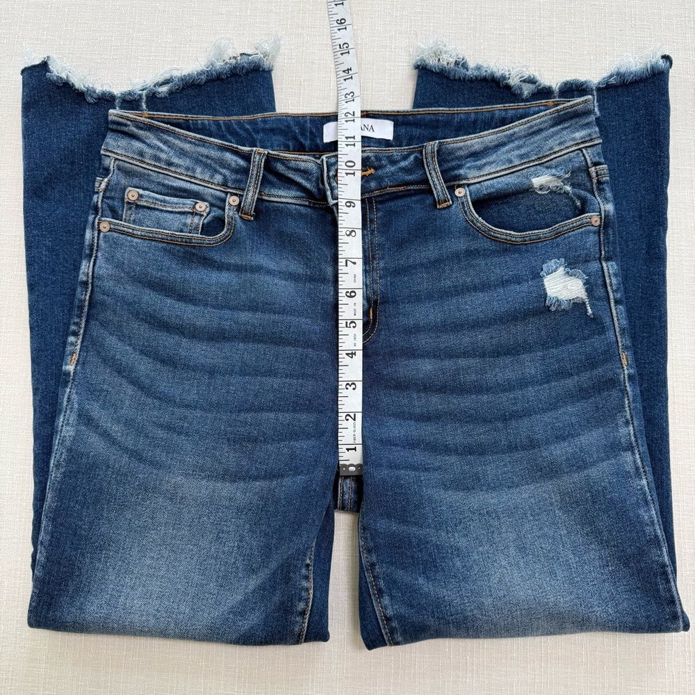 Zenana Outfitters Kick Crop Distressed Blue Straight Leg Jeans - Picture 7 of 9